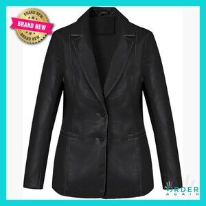 Faux Leather Blazer Open Front Business Casual Jacket Mid-Length Coat with